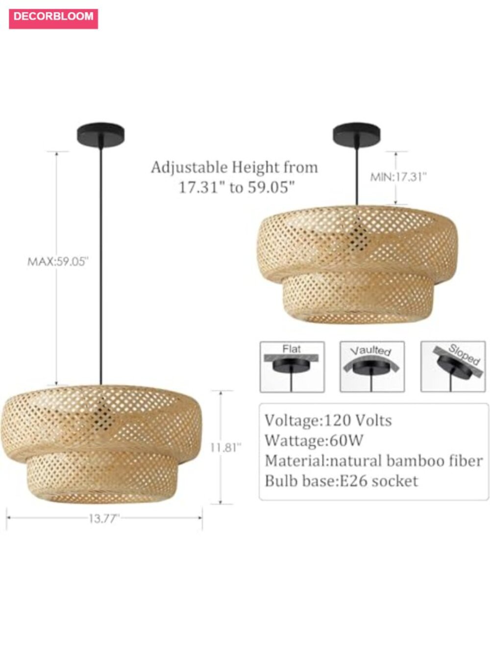Hand-Woven Bamboo Rattan Pendant Light 13.8" Farmhouse Chandelier Ceiling Lamp - Picture 2 of 4